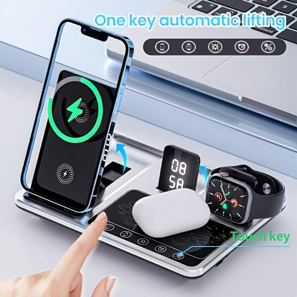 Grey 4-in-1 Fast Charging Station 15W Foldable Wireless Charger Stand with Smart Clock Display for iPhone, for iWatch, for Multiple Devices, Christmas, Thanksgiving And Birthday Gift, Christmas Gift - Image 3