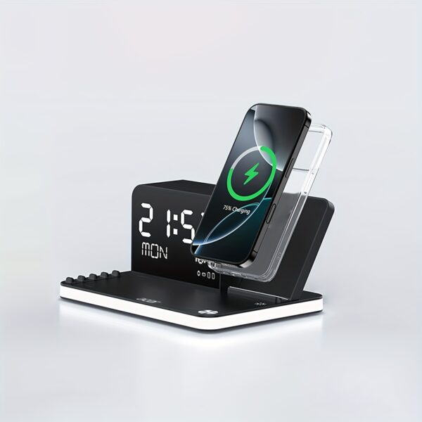 7 In 1 Dual Phone Wireless Charging Station With Night Light, Phone Holder, Phone Time Sync, Time Week Temperature Display, 30W Adapter For IPhone, AirPods And IWatch Fast Charging Dock With USB C And USB A Wired Output