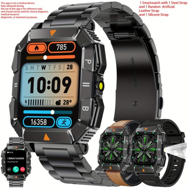 Smart Watch, with 1.83'' HD Big Screen, Wireless Call/Answer Function, LED Lighting, Compatible with Android/iOS, Fitness Tracker, Sleep Monitoring, Multi-function Smart Watch, 100+ Sport Modes, Ai Voice Control, Comes with 1 Steel Watch Strap, 1 Silicone Watch Strap And 1 Random Artificial Leather Watch Strap