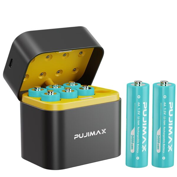 PUJIMAX 8pcs Rechargeable 1.5V 3400mWh AA Lithium Batteries with Fast Charging Box, Constant Output Li-ion Double A Batteries Cycle Times up to 1200x, Smart Charging Set with MCU Intelligent Chip for Xbox Controller, Electronics, Household, Office Devices, Ideal Gift