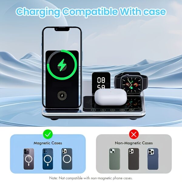 Grey 4-in-1 Fast Charging Station 15W Foldable Wireless Charger Stand with Smart Clock Display for iPhone, for iWatch, for Multiple Devices, Christmas, Thanksgiving And Birthday Gift, Christmas Gift - Image 5