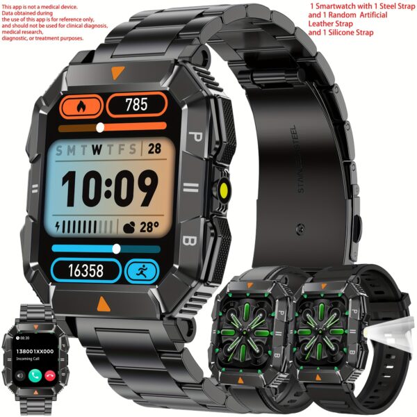 Smart Watch, with 1.83'' HD Big Screen, Wireless Call/Answer Function, LED Lighting, Compatible with Android/iOS, Fitness Tracker, Sleep Monitoring, Multi-function Smart Watch, 100+ Sport Modes, Ai Voice Control, Comes with 1 Steel Watch Strap, 1 Silicone Watch Strap And 1 Random Artificial Leather Watch Strap - Image 3