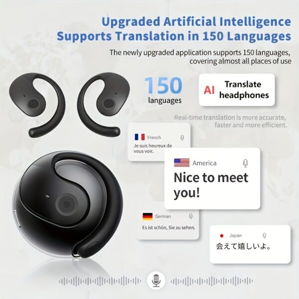 Wireless Translation Headphones with AI Voice Translation, No Latency Music, Real-Time Speech Translation, 150 Language Support, Type-C Charging, Includes Free Lanyard - Ideal for Multilingual Communication, Music Listening|Sleek Wireless Earbuds|Durable Charging Case - Image 3