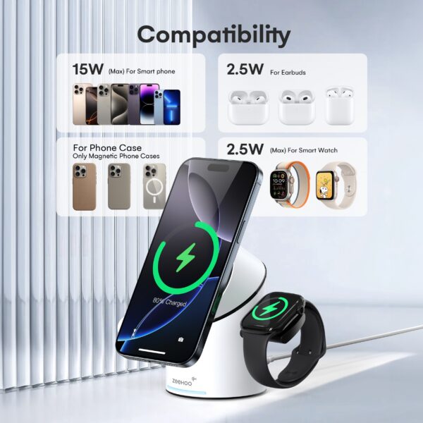 ZEEHOO CylinTrick-R 3-in-1 Wireless Charging Station - 15W Qi2 Fast Charge for iPhone (16/15/14/13/12), Smart Watch & for Airpods with 30W Adapter Included for Lab - Image 10