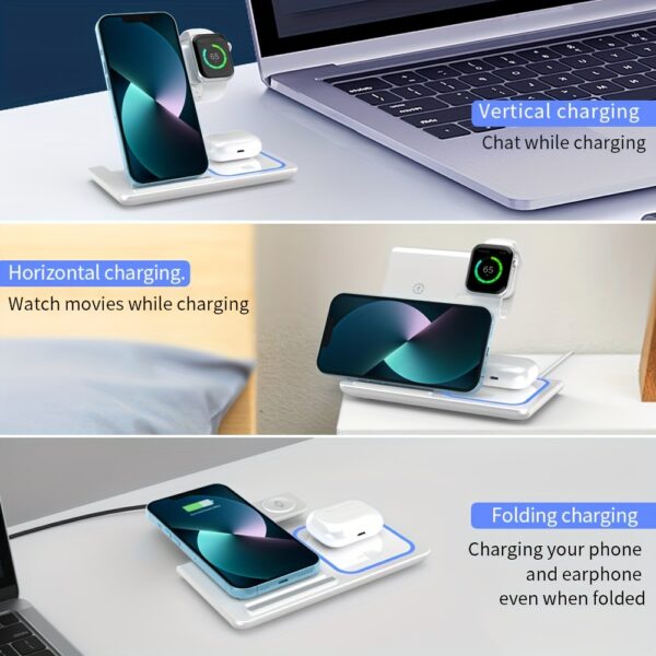 Foldable 3 in 1 fast charging station, 15W Wireless Charger Stand for iPhone 15, 14, 13, 12, 11/Pro/Max/Mini/Plus, X, XR, XS/Max, SE, 8/Plus, suitable for iWatch 1-9, suitable for Airpods 3/2/Pro - Image 10