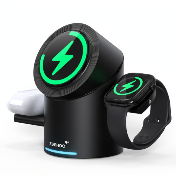 ZEEHOO 3-in-1 Charger – Fast Wireless Charging for iPhone 16-12, & Apple Watch. Features Qi2 15W Wireless Charging for Faster, More Efficient Power Delivery. Auto-Rotating Stand Supports Both Landscape and Portrait Modes. Includes 30W Adapter - Image 3