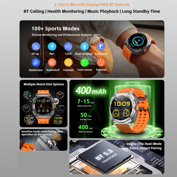 GT98 Smartwatch with TWS Sports Earbuds, 1.53" HD Display, Voice Assistant, Music Control, 400mAh Battery, 100+ Sport Modes, Orange Silicone Band, Compatible with Android/iOS, Ideal for Fitness & Outdoor Activities - Image 2