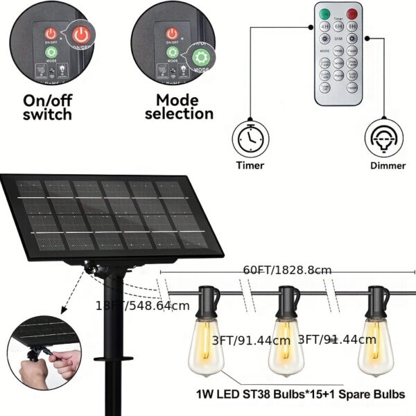 MLEACL 120/100/60/25FT Solar String Lights With USB Port & Remote Control Solar Patio Lights Long Last For Dimmable Solar Power LED Bulbs For Porch Garden Market Bistro - Image 4