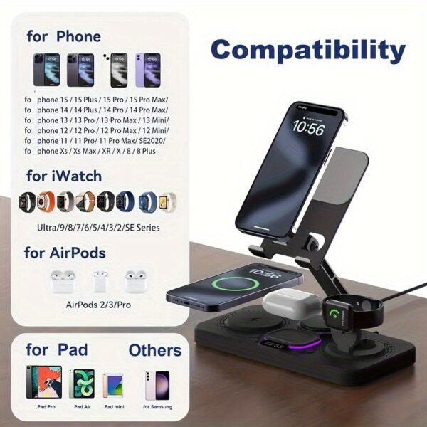 6-in-1 Smart Wireless Charger for Multiple Devices, 15W Fast Wireless Charging Station with Foldable Metal Tablet Holder, Clock Display and Mood Light, Compatible with iPhone 16 15 14 13 12 11 8 Plus Pro Max Xs, Compatible with Airpods 3rd Gen, Compatible with iWatch 10 9 8 7 6 5 4 3 2 SE Ultra, Charge iPad with Type-C to C Cable - Image 10