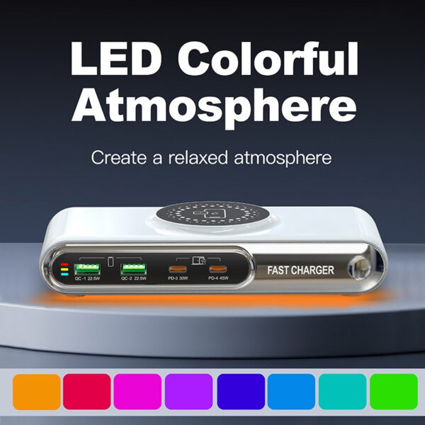 New Multi-port Charger With Color Atmosphere Light Magnetic Charger Desktop Charging Station Notebook Tablet Mobile Phone USB Multi-port Socket Fast Charging. - Image 8