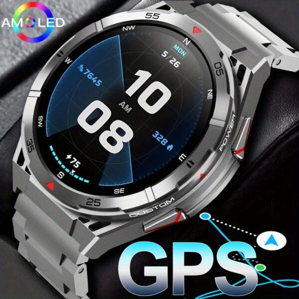 2025 Men's GPS Smartwatch with 1.43" HD AMOLED Full Touch Screen, IPX8/5ATM High Quality, 170+ Sports Modes, Built-in GPS, Compass, Altitude, Air Pressure, 480mAh Battery, Zinc Alloy Body, Wireless Calls, Voice Assistant, Step Counter, Distance Tracking for iPhone & Android, Outdoor Fitness Tracker, Versatile Wearable, Metallic Finish, Sleek Watch Design, Highquality Display, Durable Touchscreen