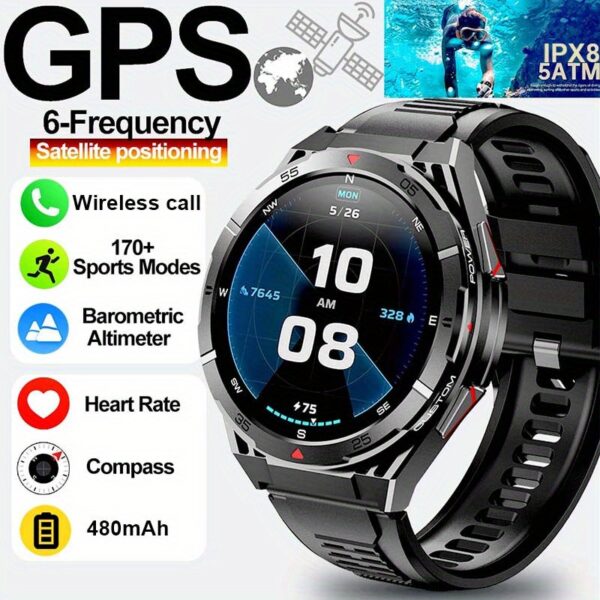 2025 Men's GPS Smartwatch with 1.43" HD AMOLED Full Touch Screen, IPX8/5ATM High Quality, 170+ Sports Modes, Built-in GPS, Compass, Altitude, Air Pressure, 480mAh Battery, Zinc Alloy Body, Wireless Calls, Voice Assistant, Step Counter, Distance Tracking for iPhone & Android, Outdoor Fitness Tracker, Versatile Wearable, Metallic Finish, Sleek Watch Design, Highquality Display, Durable Touchscreen - Image 3