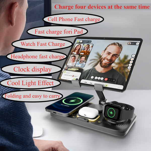 6-in-1 Smart Wireless Charger for Multiple Devices, 15W Fast Wireless Charging Station with Foldable Metal Tablet Holder, Clock Display and Mood Light, Compatible with iPhone 16 15 14 13 12 11 8 Plus Pro Max Xs, Compatible with Airpods 3rd Gen, Compatible with iWatch 10 9 8 7 6 5 4 3 2 SE Ultra, Charge iPad with Type-C to C Cable