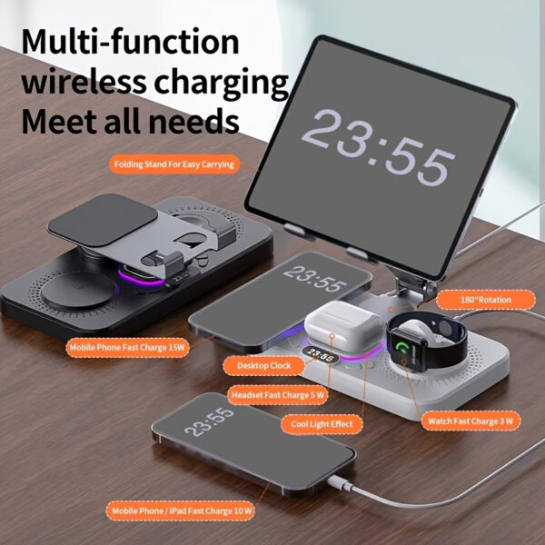 6-in-1 Smart Wireless Charger for Multiple Devices, 15W Fast Wireless Charging Station with Foldable Metal Tablet Holder, Clock Display and Mood Light, Compatible with iPhone 16 15 14 13 12 11 8 Plus Pro Max Xs, Compatible with Airpods 3rd Gen, Compatible with iWatch 10 9 8 7 6 5 4 3 2 SE Ultra, Charge iPad with Type-C to C Cable - Image 6