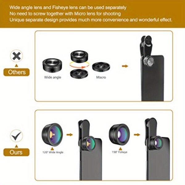 Phone Camera LensUpgraded 3 in 1 Phone Lens kit198 Fisheye Lens + ro Lens + 120 Wide Angle Lens Clip on Cell Phone Lens Kit Compatible with for samsung Android Smartphones - Image 4