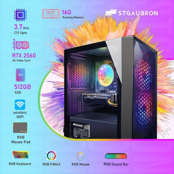 STGAubron Gaming Desktop PC, Core I5 3.3Ghz up to 3.7Ghz, GeForce RTX 2060 6G GDDR6, 16G RAM, 512G SSD, WiFi, wireless 5.0, RGB Fan X 3, RGB Keyboard and Mouse, RGB Mouse Pad, RGB Wireless Sound Bar, W10H64