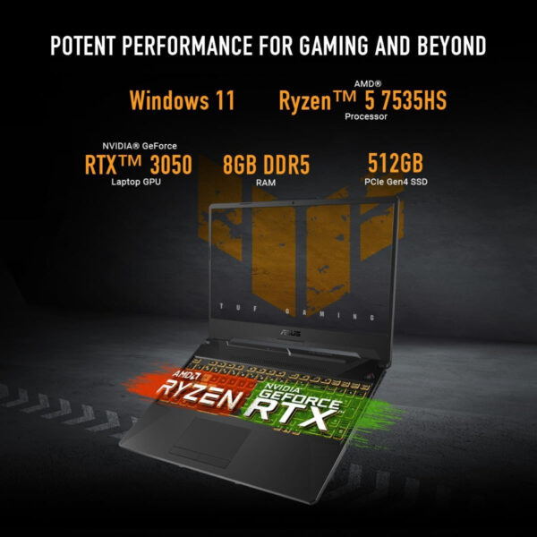 ASUS TUF A15 Gaming Laptop: 15.6 Full HD 144Hz Display, GeForce RTX 3050, AMD Ryzen 7 7435HS, 8GB DDR5 RAM, 512GB PCIe SSD, Wi-Fi 6, Windows 11, suitable for games, office, students, creation in daily life, back-to-school season, holiday gifts for friends and family - Image 3