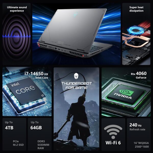 Thunderobot Radiant 16 4060 2.5K Gaming Laptop, 16" WQXGA 240Hz Display, 14th Gen Intel i7-14650HX, GeForce RTX 4060, 16GB DDR5 RAM, 1TB PCIe SSD, RGB Backlit Keyboard, Wi-Fi 6, Win 11 Home, Gray - Image 3