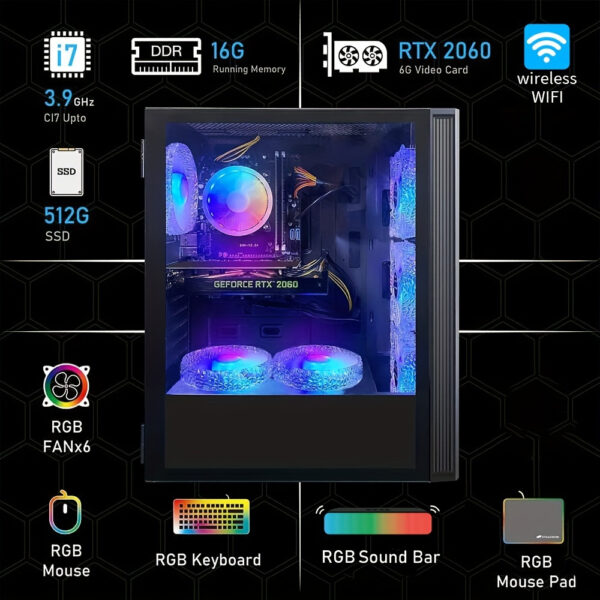 STGAubron Gaming Desktop PC, Core I7 3.4 GHz Up To 3.9 GHz, GeForce RTX 2060 6G GDDR6, 16G RAM, 512G SSD, WiFi, Wireless 5.0, RGB Fanx6, RGB Keyboard&Mouse, RGB Mouse Pad, RGB Sound Bar, W10H64 - Image 2