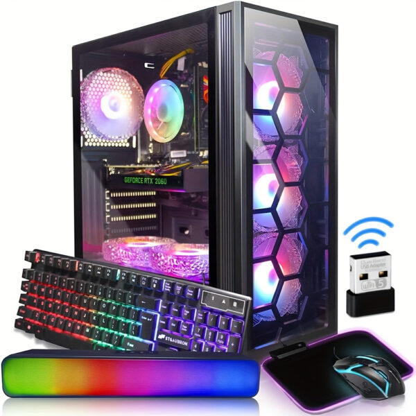 STGAubron Gaming Desktop PC, Core I7 3.4 GHz Up To 3.9 GHz, GeForce RTX 2060 6G GDDR6, 16G RAM, 512G SSD, WiFi, Wireless 5.0, RGB Fanx6, RGB Keyboard&Mouse, RGB Mouse Pad, RGB Sound Bar, W10H64
