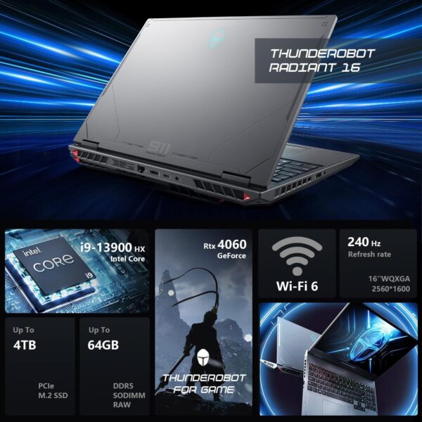 Thunderobot Radiant 16 i9 RTX 4060 2.5K Gaming Laptop, 16" WQXGA 240Hz Display, Intel Core i9-13900HX, GeForce RTX 4060, 32GB DDR5 RAM, 1TB PCIe SSD, RGB Backlit Keyboard, Wi-Fi 6, Win 11 Home, Gray - Image 4