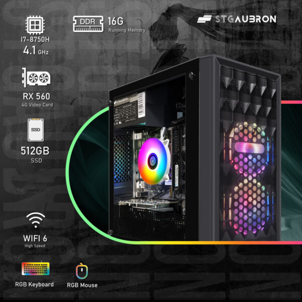 STGAubron Gaming PC Computer Desktop, Radeon RX 560 4G, Core I7 8th up to 4.1GHz, 16G DDR4, 512G SSD, 600M WiFi, RGB Fan x2, Windows 11 Home