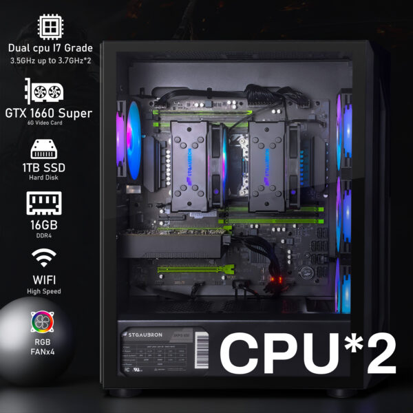 STGAubron Dual CPU Gaming PC, Dual i7 Xeon E5 up to 3.7GHz, GeForce GTX 1660 Super 6G, 16G DDR4, 1T SSD, 600M WiFi, RGB Fan x4, Windows 10 Pro
