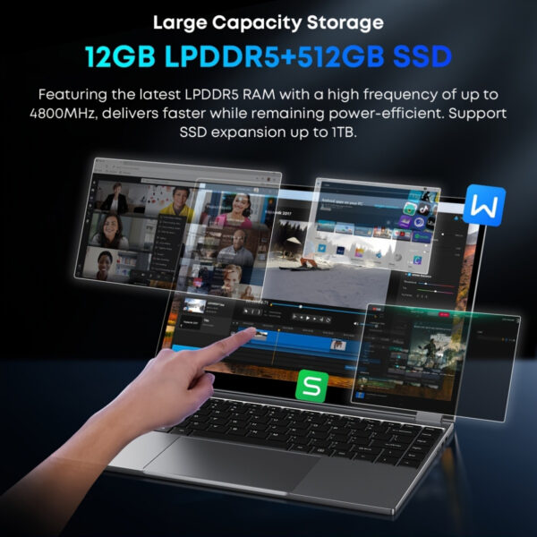 CHUWI FreeBook 2-in-1 Touch Screen Windows 11 Laptop, 13.5'' 2256*1504 IPS Display, 512GB PCIe SSD 12GB RAM, 12th Gen Intel N100, WiFi6, Wireless 5.2, Backlit Keyboard, 1TB SSD Expand, Type-C, PD 2.0, Webcam, 360 Rotating, NoteBook Computer - Image 3