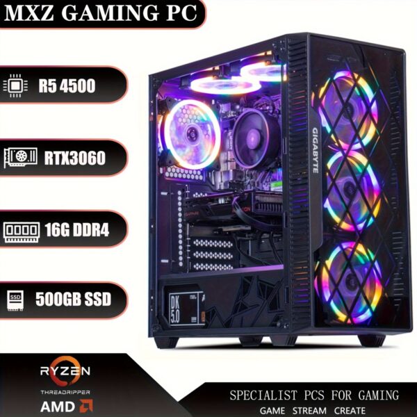 MXZ Gaming PC Desktop Computer, AMD Ryzen 5 4500 3.6GHz, GeForce RTX 3060, 16GB(8G*2) DDR4, NVME 500GB SSD, 6RGB Fans, Gamer Desktop Computer (R5 4500|RTX3060)