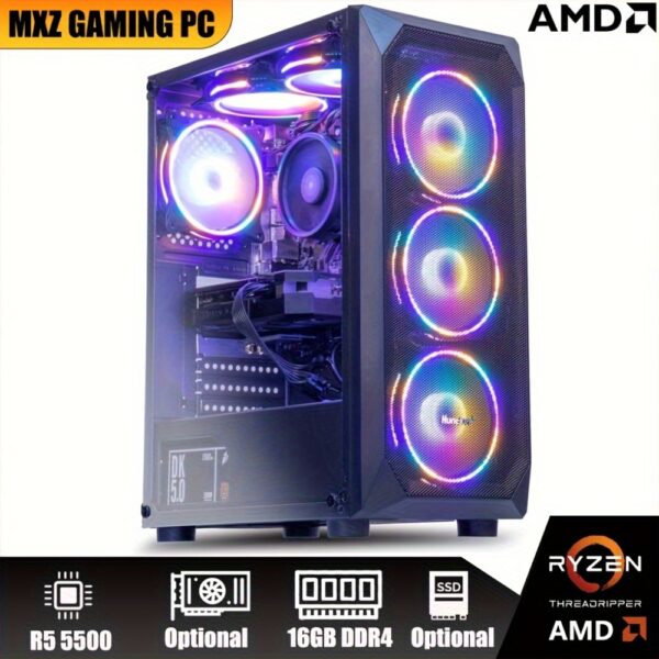 MXZ Gaming PC Computer AMD Ryzen 5 5500 3.6GHz, 16GB (8G*2) DDR4 3200, NVME 500G/1 TB SSD, 6RGB Fans, WIFI &Gamer Desktop Computer Optional GTX 1660S/RTX 3060/RTX 4060/RX6750GRE/RX7600/RTX2060S