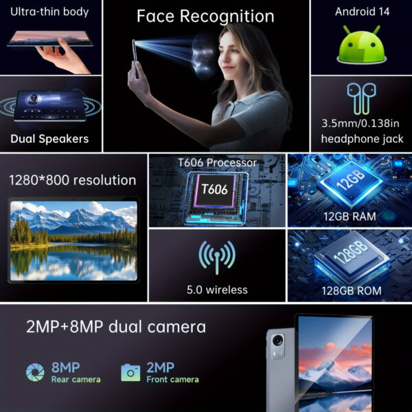 T606 Tablet Android 14 Tablet 12GB(4+8)RAM+128GB ROM HD Dual Cameras 1280*800 Resolution With Face Recognition 4G LTE Dual SIM Cards Can Make Calls Octa-core Processor Support Office Study And Entertainment With Keyboard And Mouse Christmas Gifts New Year Gifts - Image 8