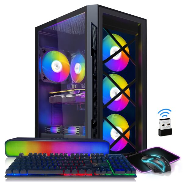 STGAubron Gaming PC Desktop - Core i7-6700 Up to 4.0GHz, Radeon RX 5700 XT 8GB, 16GB DDR4 RAM, 1TB SSD, RGB Fans x6, RGB Sound Bar, Gaming Keyboard & Mouse, WiFi, Windows 10 Home - 60+ FPS Gaming, Streaming & Content Creation, Highperformance Computer, Vibrant Rgb Lighting, Ddr4 Ram Compatibility