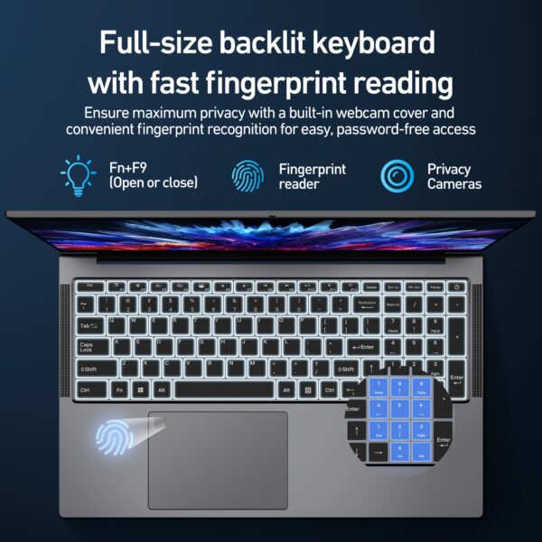 Latest 16-inch Full HD Laptop, 16GB RAM 512GB PCIe SSD, 12th Gen Intel N95 Processor (up to 3.4GHz), Full-featured Work Laptop, Special Features Fingerprint Reader, HD Audio, Backlit Keyboard, Memory Card Slot, Numeric Keypad, Integrated Graphics, Student And Business Office Laptop - Image 5