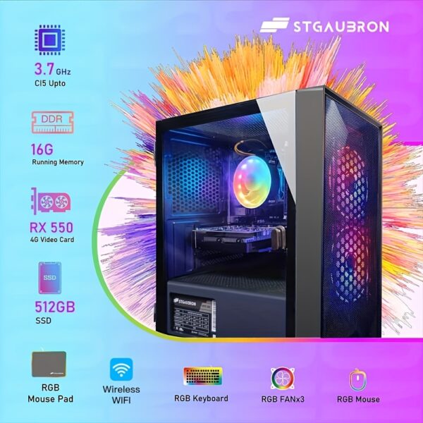 STGAubron Gaming Desktop PC, Intel Core I5 3.3Ghz Up to 3.7Ghz, AMD Radeon RX 550 4G GDDR5, 16GB RAM, 512GB SSD, WiFi, Wireless 5.0, RGB Fans x 3, RGB Keyboard & Mouse, RGB Mouse Pad, Windows 10, H64