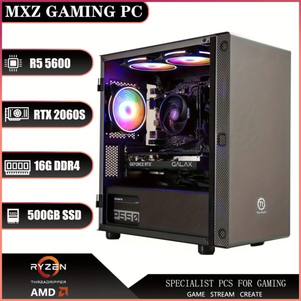 MXZ Gaming PC Desktop Computer, AMD Ryzen 5 5600 3.7GHz, GeForce RTX 2060S, B450, 16GB DDR4, NVME 500GB SSD, 6RGB Fans, Gamer Desktop Computer(R5 5600/RTX 2060S)