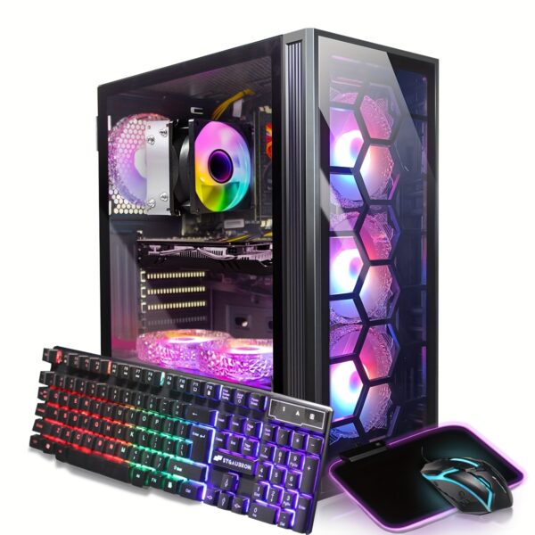 STGAubron Gaming PC Desktop with AMD Ryzen 5 PRO 2400G up to 3.9G, Radeon RX 580 16G GDDR5, 16GB DDR4, 512GB SSD, 600m WiFi, RGB Fans x6, RGB Mouse & Keyboard, Windows 10 Home – 60+ FPS Gaming, Streaming & Content Creation Computer, Highperformance Computing, Vibrant Lighting System, Effective Cooling System, Esports Rig, Sleek Desktop, Efficient Cooling, Gaming Setup, Tech Enthusiasts