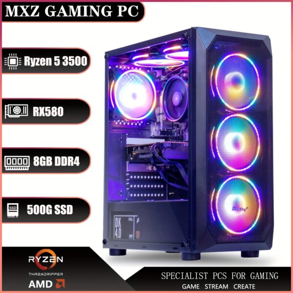MXZ Gaming PC Computer, AMD Ryzen 5 3500X, RX 580, 8GB DDR4, NVME M2 500GB, 5 RGB Fans, Gamer Desktop Computer (R5 3500X| RX580)