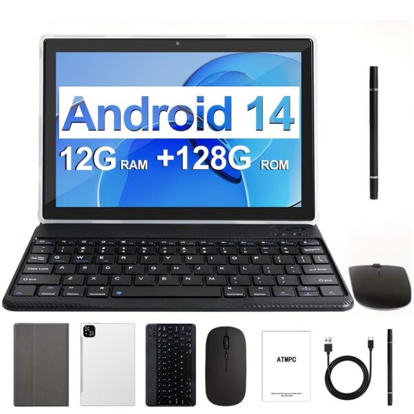 Tablet 10.1 Inch Android 14 OS Tablet, 2in 1 Tablets with Keyboard, Mouse, Case, Stylus Without Electricity, 128GB ROM 12GB (4GB+8GB) RAM, Dual Camera, Eight Core Processor, 1280 * 800 IPS High-definition Display Screen, GMS Tab, 5G Wi Fi 6, Google, Pad, Tablet, - Image 3