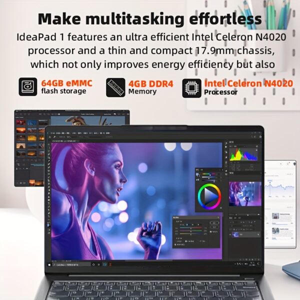 Lenovo Ideapad 1 Laptop 14" HD Display Intel Celeron N4020 Processor, 4GB RAM 64GB eMMC + 128GB SD Card, 10-Hour Battery, Wi-Fi 6, Windows 11 Home, Privacy Camera, Audio, Grey - Student & Business Laptop, Longlasting Battery | Sleek Design | Lightweight Design - Image 2