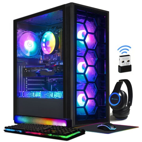 STGAubron Gaming Desktop PC with Intel Core i7, GeForce RTX 2060 Super, 32GB RAM, 1TB SSD, WiFi, RGB Keyboard & Mouse Pad - Black Hexagonal Design, Perfect for Gaming, Streaming & Home Office