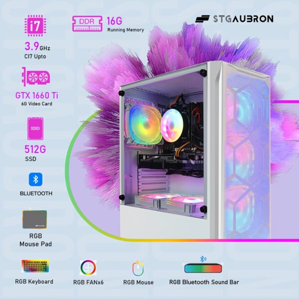 STGAubron Gaming PC Desktop, GTX 1660 Ti 6G GDDR6, Intel Core I7 up to 3.9 GHz, 16G RAM, 512G SSD, WiFi, BT 5.0, RGB Fan x 6, RGB Mouse Pad, RGB BT Sound Bar, Windows 10 Home, White