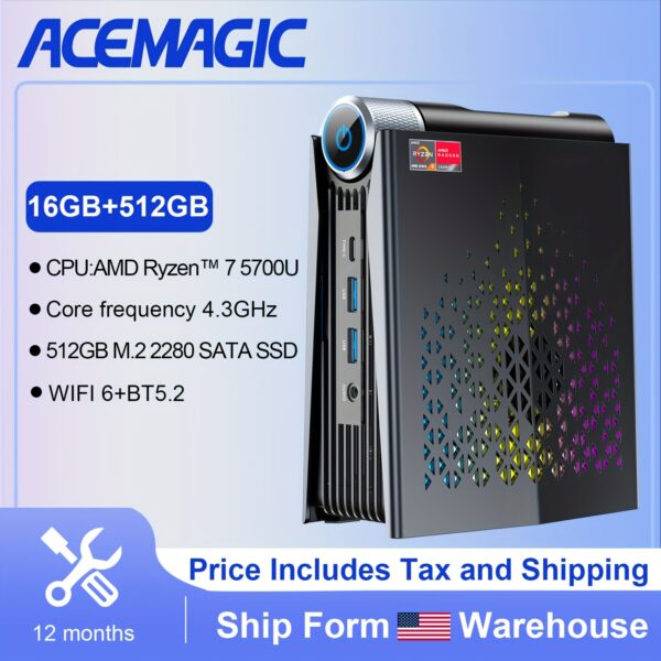 ACEMAGIC Gaming PC Ryzen Mini PC, AMD Ryzen 7 5700U(up to 4.3Ghz) 32GB DDR4 1TB NVME SSD Mini Desktop Computer, Mini Computers, 4K UHD, RGB Lights, 3 Adjustable Mode PC Gaming