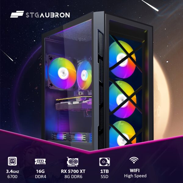 STGAubron Gaming PC Desktop - Core i7-6700 Up to 4.0GHz, Radeon RX 5700 XT 8GB, 16GB DDR4 RAM, 1TB SSD, RGB Fans x6, RGB Sound Bar, Gaming Keyboard & Mouse, WiFi, Windows 10 Home - 60+ FPS Gaming, Streaming & Content Creation, Highperformance Computer, Vibrant Rgb Lighting, Ddr4 Ram Compatibility - Image 3
