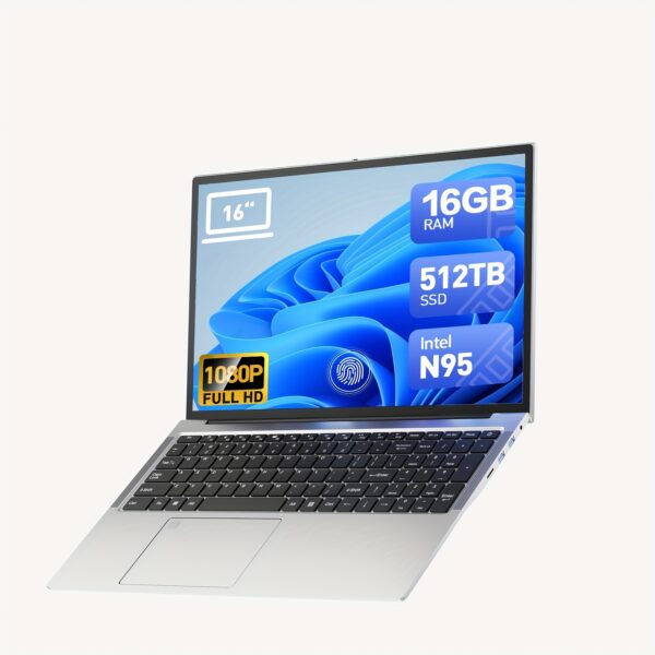 Latest 16-inch Full HD Laptop, 16GB RAM 512GB PCIe SSD, 12th Gen Intel N95 Processor (up to 3.4GHz), Full-featured Work Laptop, Special Features Fingerprint Reader, HD Audio, Backlit Keyboard, Memory Card Slot, Numeric Keypad, Integrated Graphics, Student And Business Office Laptop