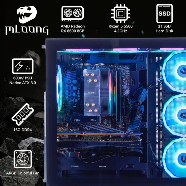 Mloong Gaming PC AMD Ryzen 5 5500 AMD Radeon RX 6600 1TB SSD 16GB RAM Gaming Desktop - Image 8