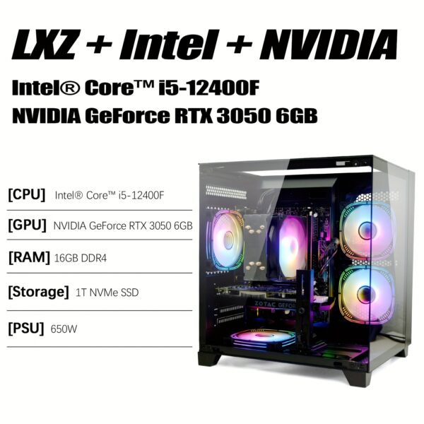 LXZ Gaming PC Desktop, I5-12400F, 2.5GHz, GeForce RTX 3050 6GB, 16GB DDR4 RAM, 1TB NVME SSD, for Gaming And Work, Black - Image 3