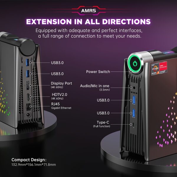ACEMAGIC Gaming PC Ryzen Mini PC, AMD Ryzen 7 5700U(up to 4.3Ghz) 32GB DDR4 1TB NVME SSD Mini Desktop Computer, Mini Computers, 4K UHD, RGB Lights, 3 Adjustable Mode PC Gaming - Image 2