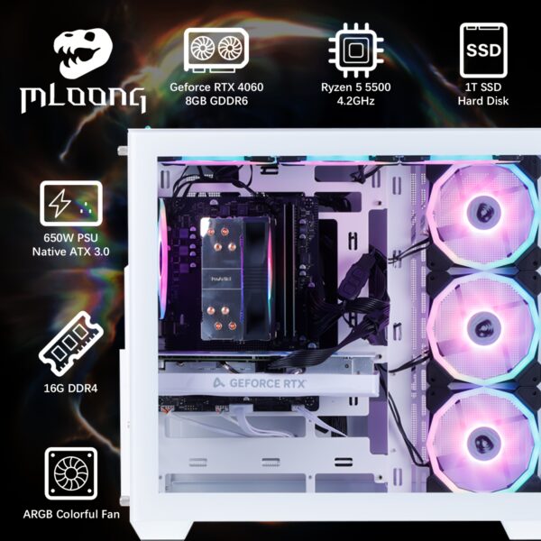 Mloong Gaming PC AMD Ryzen 5 5500 NVIDIA GeForce RTX 4060 16GB DDR4 RAM 1TB SSD 7 ARGB Fans Gaming Desktop - Image 3