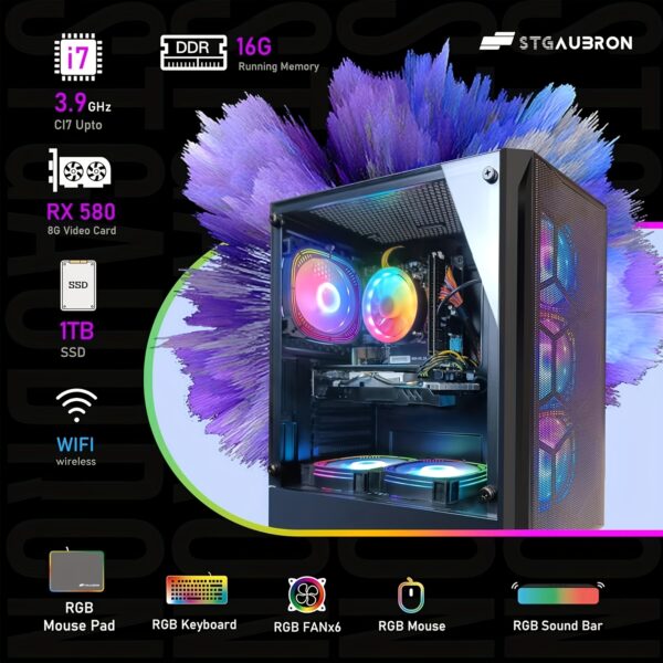 STGAubron Gaming PC Computer Desktop, Intel Core I7 Up To 3.9G, Radeon RX 580 8G, 16G RAM, 1T SSD, 600M WiFi, RGB Fan X6, RGB BT Soundbar & Headphone, Windows 10 Home - Image 3