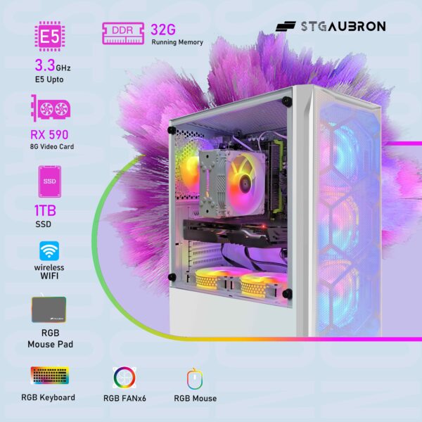 STGAubron Gaming Desktop PC, Intel Xeon E5 2.5G up to 3.3G, 32G Memory, 1T SSD, Radeon RX 590 8G GDDR5, 600M WiFi, RGB Fan x 6, RGB Keyboard & Mouse & Mouse Pad, W10H64 - Image 3
